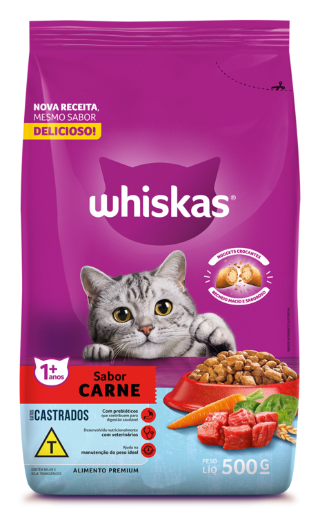 RAÇÃO WHISKAS CARNE GATOS ADULTOS CASTRADOS 500G