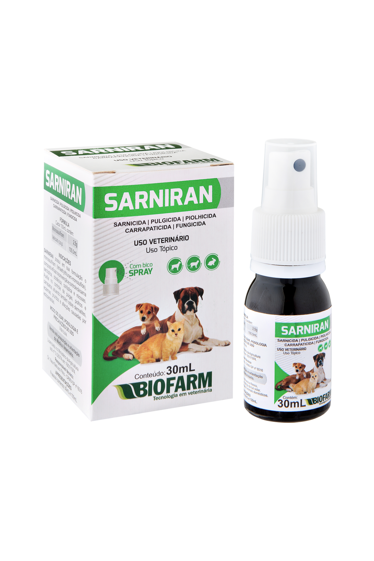 SARNICIDA, PULGICIDA, PIOLHICIDA, CARRAPATICIDA E FUNGICIDA SARNIRAN PARA CÃES E GATOS 30ML - BIOFARM