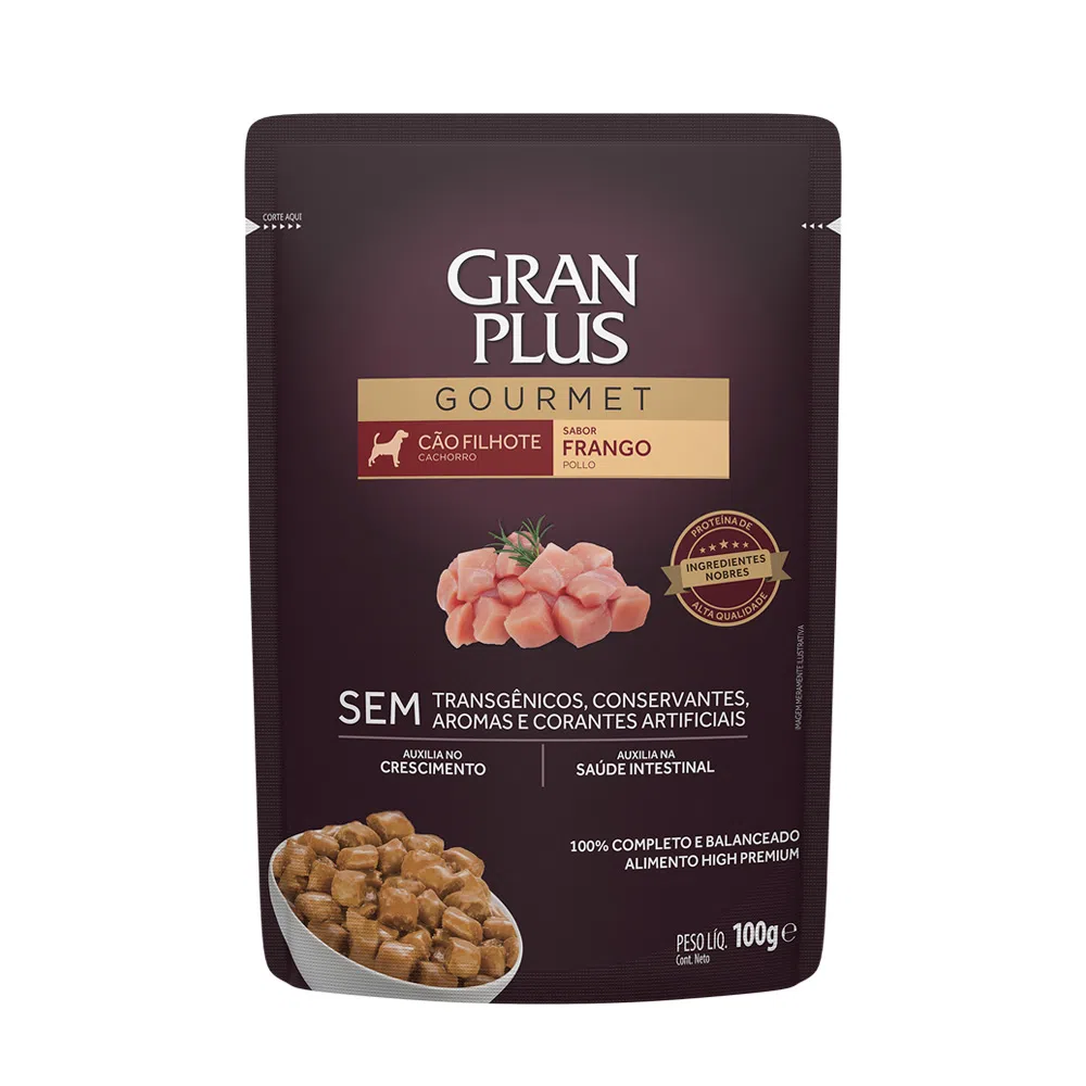 RAÇÃO ÚMIDA GRANPLUS GOURMET SACHÊ CÃO FILHOTE FRANGO 100G.