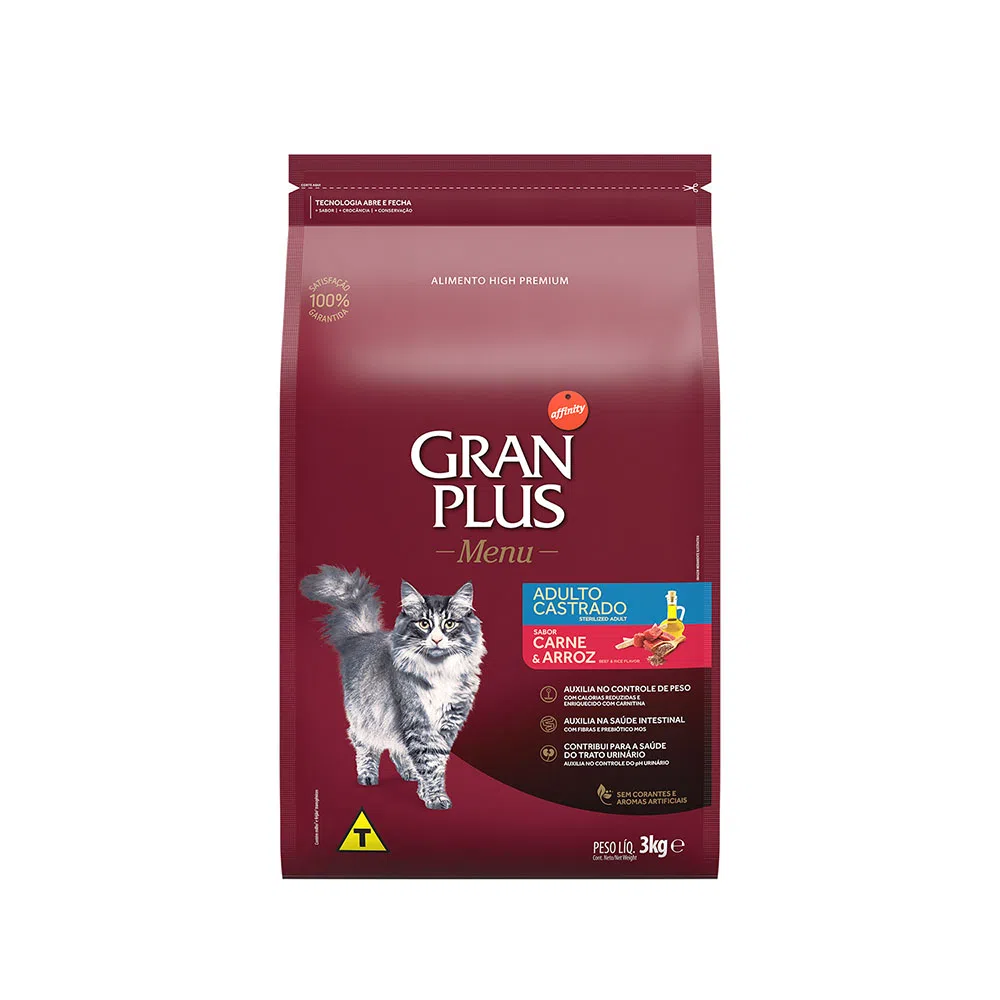 RAÇÃO GRANPLUS MENU GATO CASTRADO CARNE E ARROZ 10,1KG