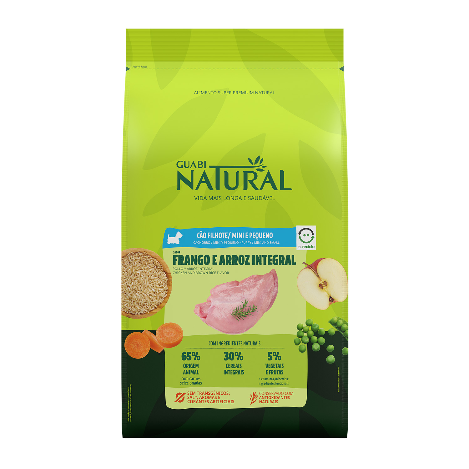 RAÇÃO GUABI NATURAL CÃO FILHOTE MINI E PEQUENO FRANGO E ARROZ INTEGRAL 10,1KG