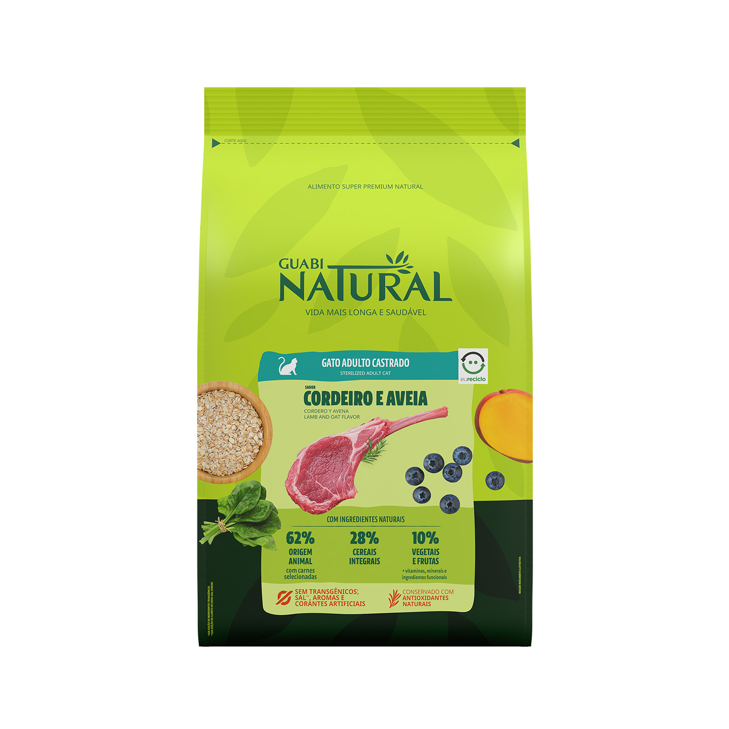 RAÇÃO GUABI NATURAL GATO ADULTO CASTRADO CORDEIRO E AVEIA 7,5KG