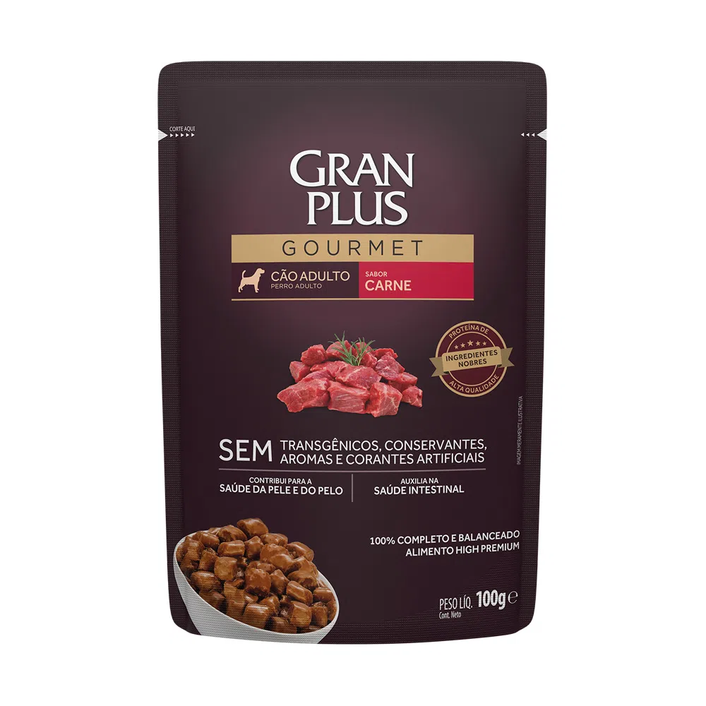 RAÇÃO ÚMIDA GRANPLUS GOURMET SACHÊ CÃO ADULTO CARNE 100G