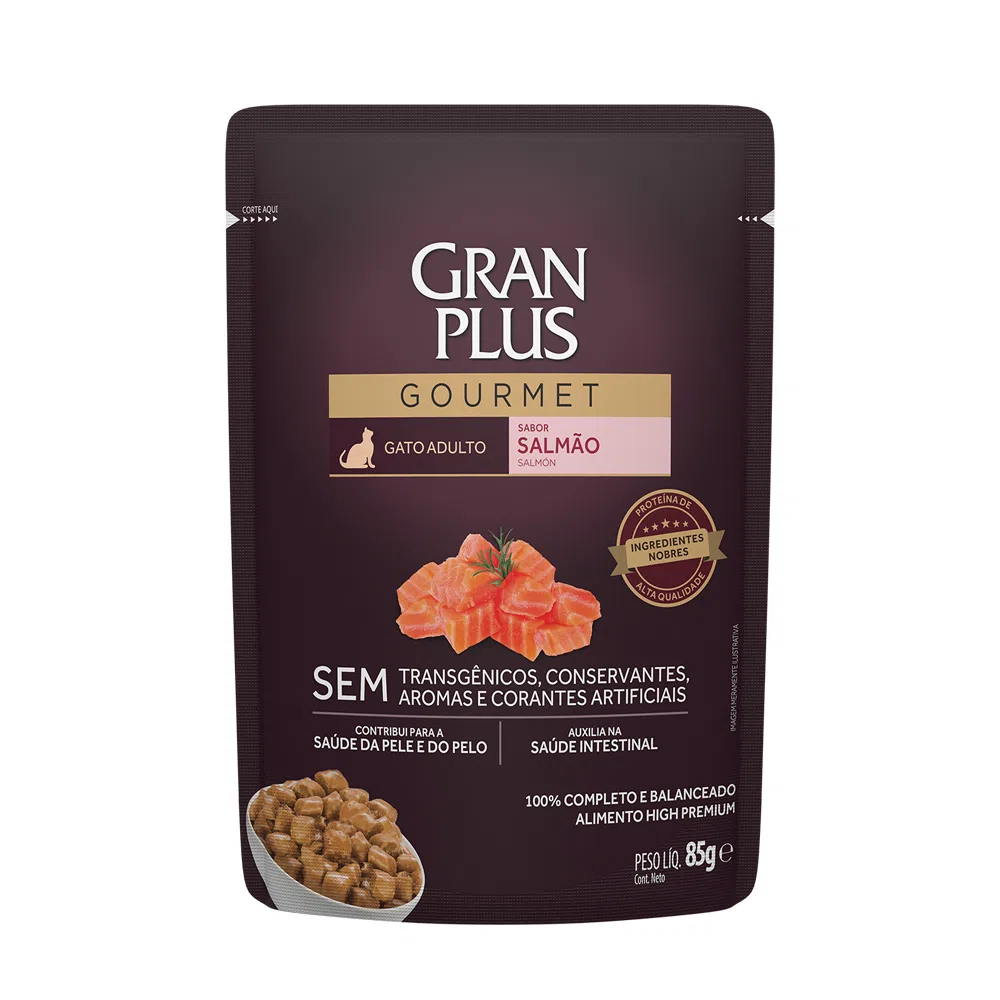 RAÇÃO ÚMIDA GRANPLUS GOURMET SACHÊ GATO ADULTO SALMÃO 85G