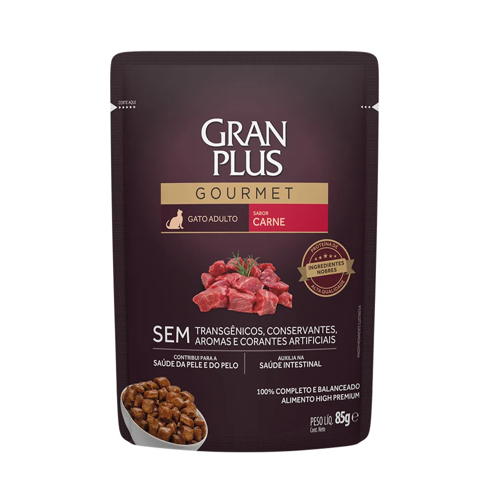 RAÇÃO ÚMIDA GRANPLUS GOURMET SACHÊ GATO ADULTO CARNE 85G