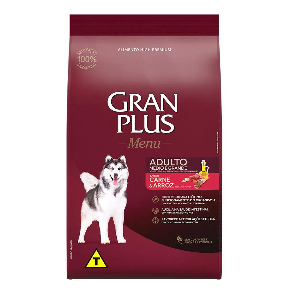 RAÇÃO GRANPLUS MENU CÃO ADULTO MÉDIO E GRANDE CARNE E ARROZ 3KG