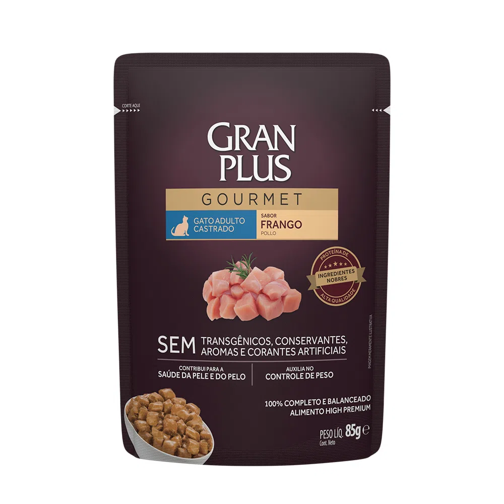 RAÇÃO ÚMIDA GRANPLUS GOURMET SACHÊ GATO CASTRADO FRANGO 85G