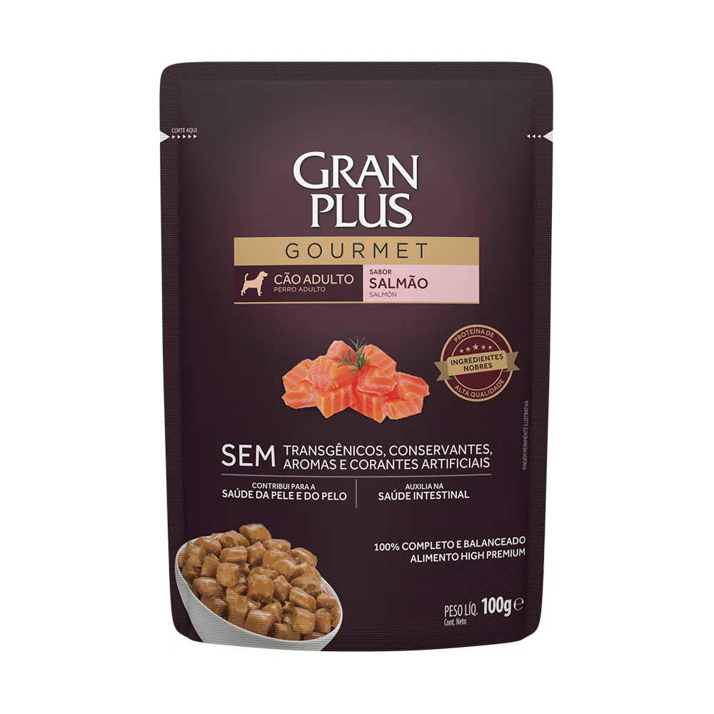 RAÇÃO ÚMIDA GRANPLUS GOURMET SACHÊ CÃO ADULTO SALMÃO 100G