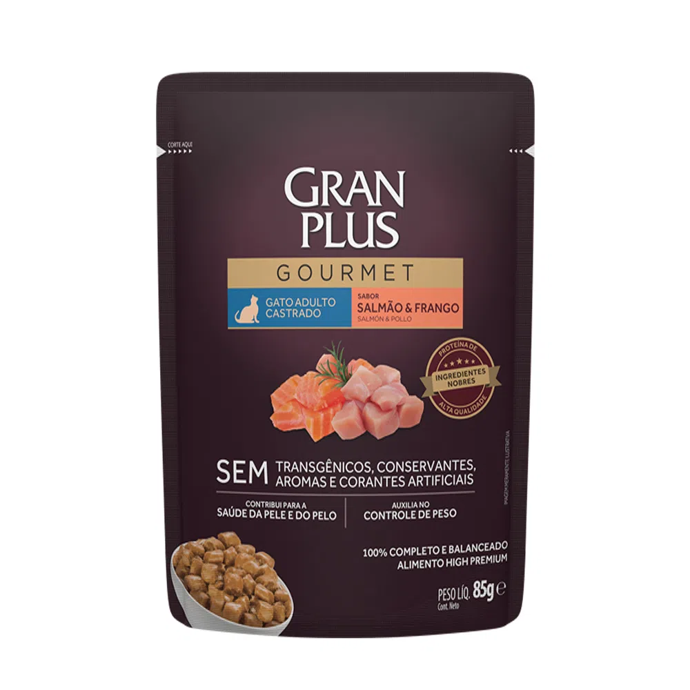 RAÇÃO ÚMIDA GRANPLUS GOURMET SACHÊ GATO CASTRADO SALMÃO E FRANGO 85G