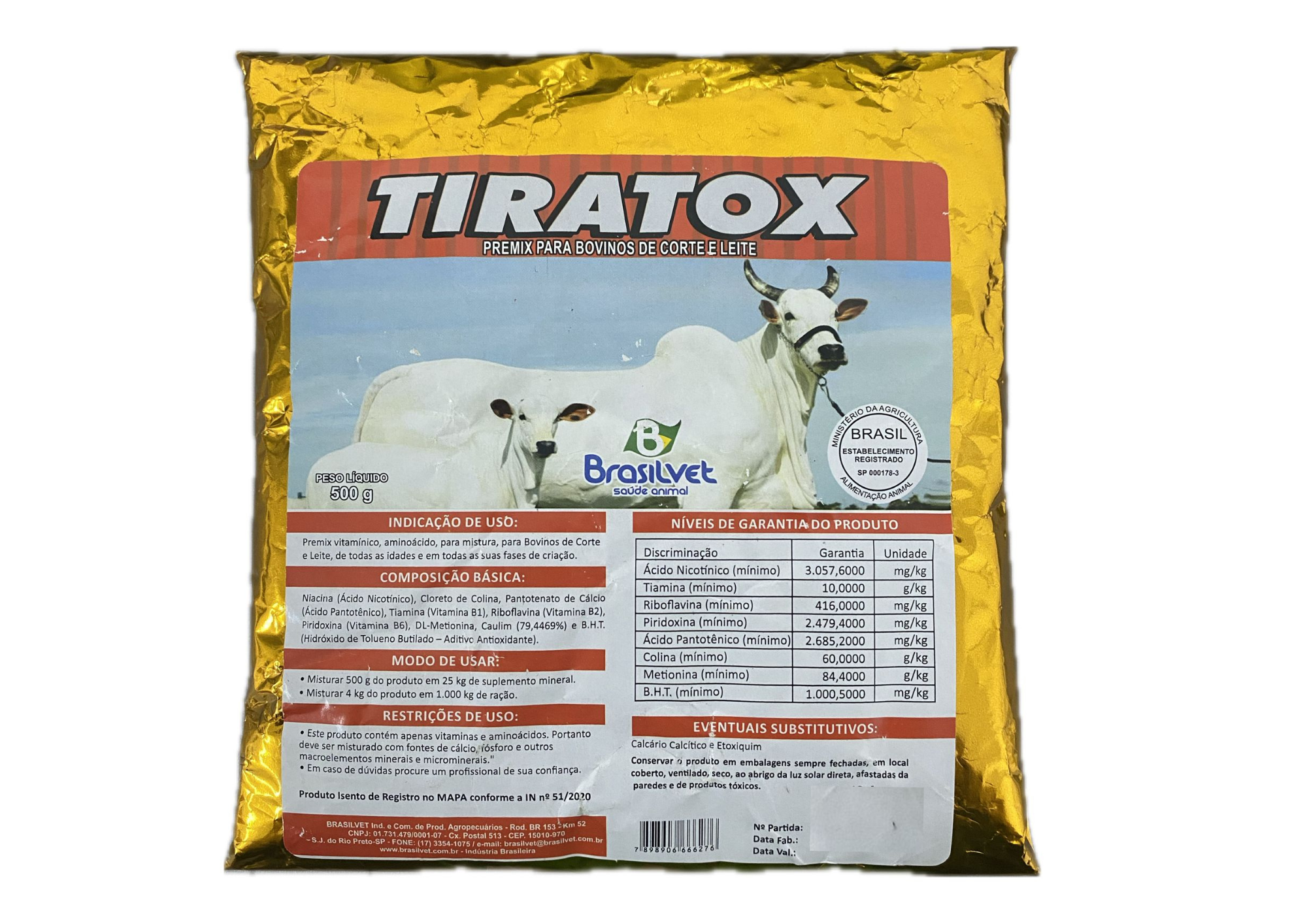 PREMIX PARA BOVINOS DE CORTE E LEITE TIRATOX 500G - BRASILVET