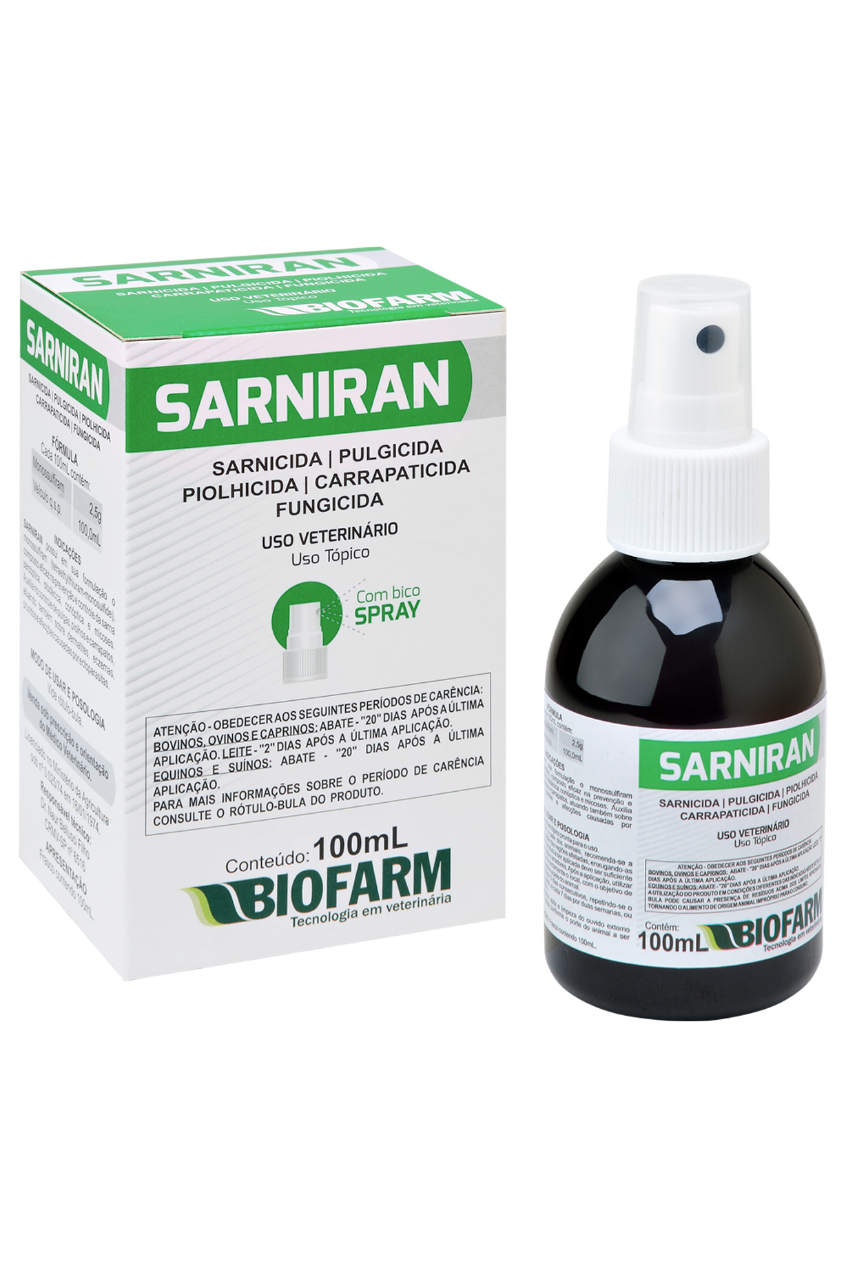 SARNICIDA, PULGICIDA, PIOLHICIDA, CARRAPATICIDA E FUNGICIDA SARNIRAN SPRAY 100ML - BIOFARM