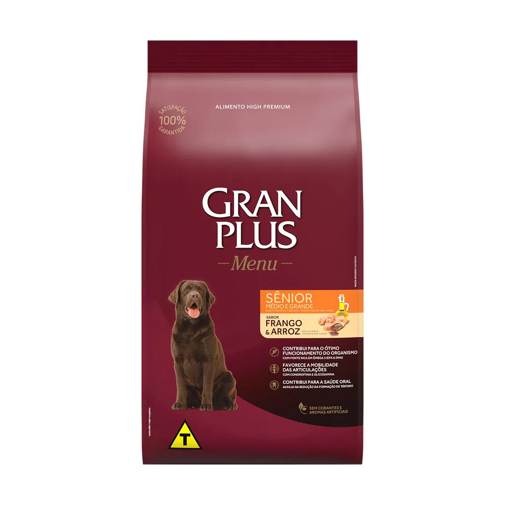 RAÇÃO GRANPLUS MENU CÃO SÊNIOR MÉDIO E GRANDE FRANGO E ARROZ 15KG