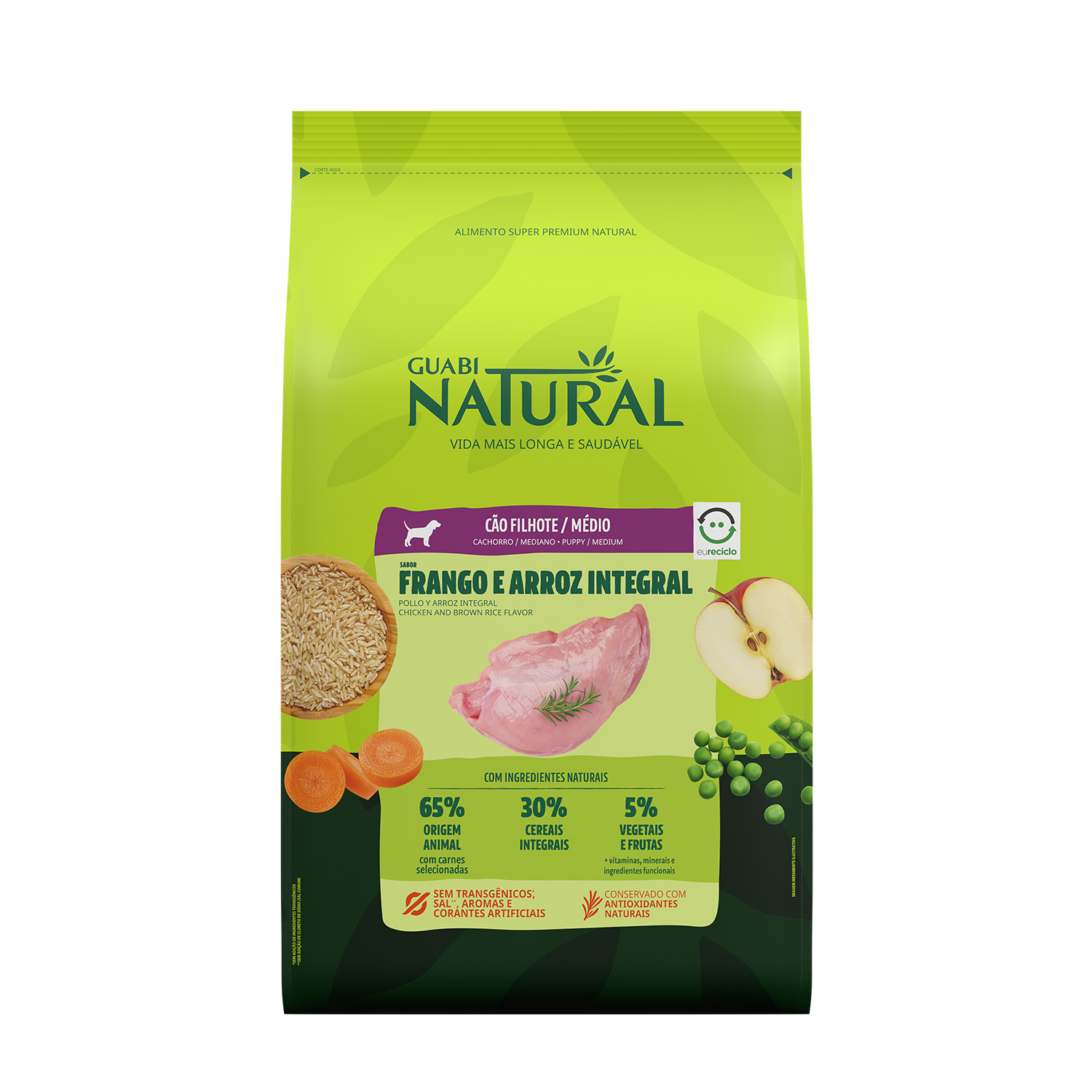 RAÇÃO GUABI NATURAL CÃO FILHOTE MÉDIO FRANGO E ARROZ INTEGRAL 20KG