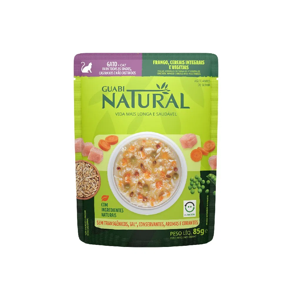 RAÇÃO ÚMIDA GUABI NATURAL SACHÊ GATO CASTRADO FRANGO E CEREAIS 85G