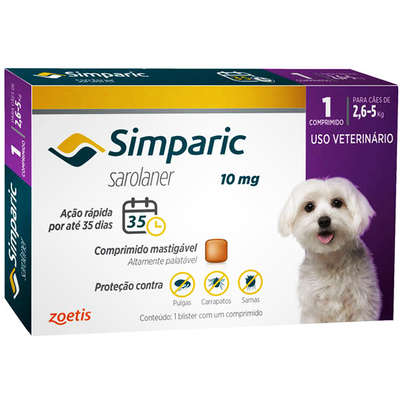 ANTIPULGAS SIMPARIC 10MG PARA CÃES 2,6 A 5KG 1 COMPRIMIDO