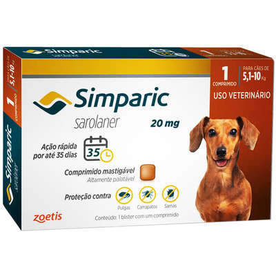 ANTIPULGAS SIMPARIC 20MG PARA CÃES 5,1 A 10KG 1 COMPRIMIDO