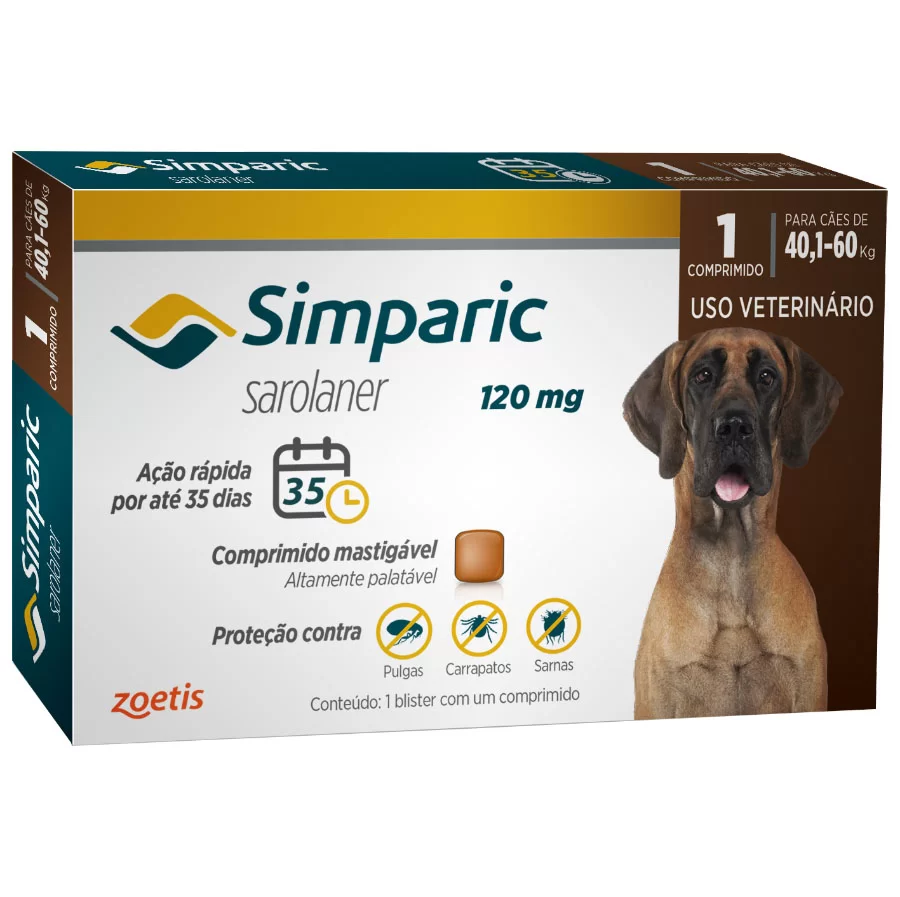 ANTIPULGAS SIMPARIC 120MG PARA CÃES 40 A 60KG 1 COMPRIMIDO