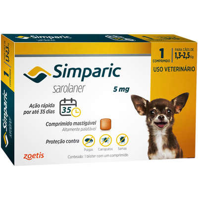 ANTIPULGAS SIMPARIC 5MG PARA CÃES 1,3 A 2,5KG 1 COMPRIMIDO