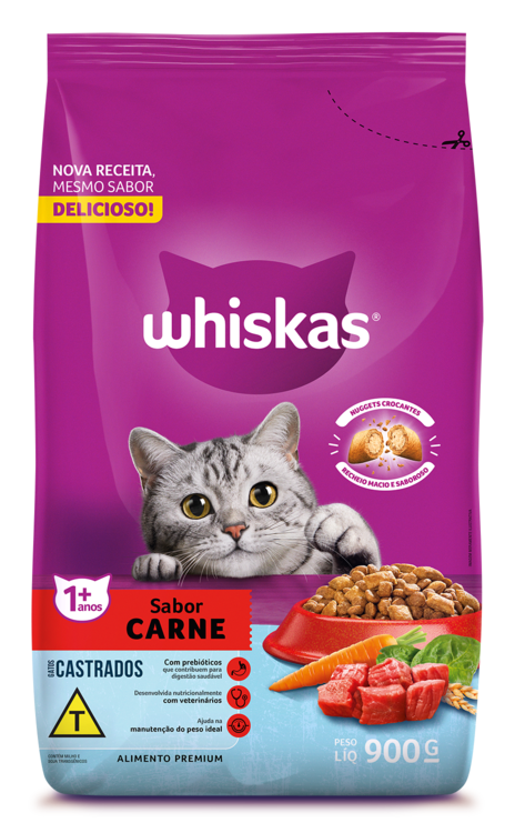 RAÇÃO WHISKAS CARNE GATOS ADULTOS CASTRADOS 900G