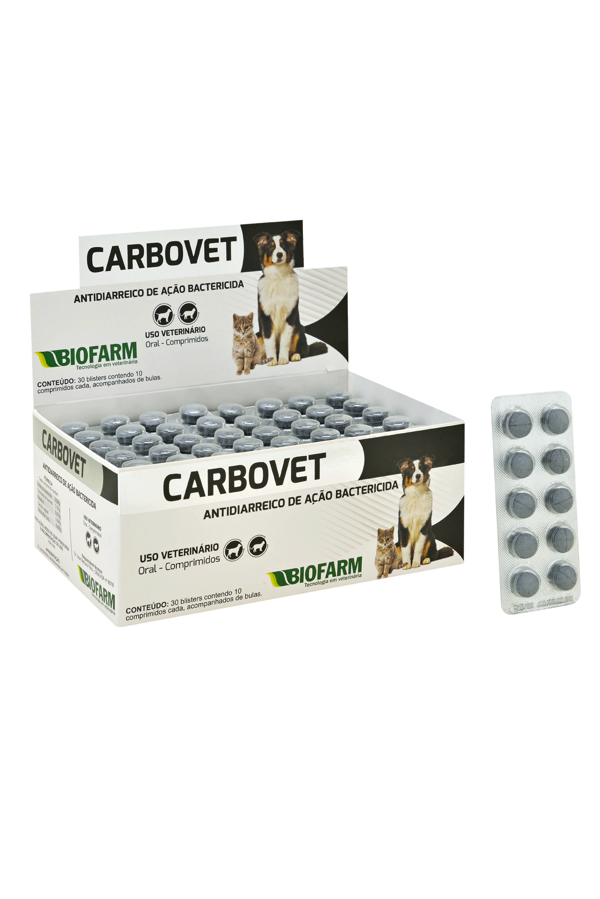 ANTIARREICO DE AÇÃO BACTERICIDA PARA CÃES E GATOS CARBOVET 10 COMPRIMIDOS HOSPITALAR - BIOFARM 