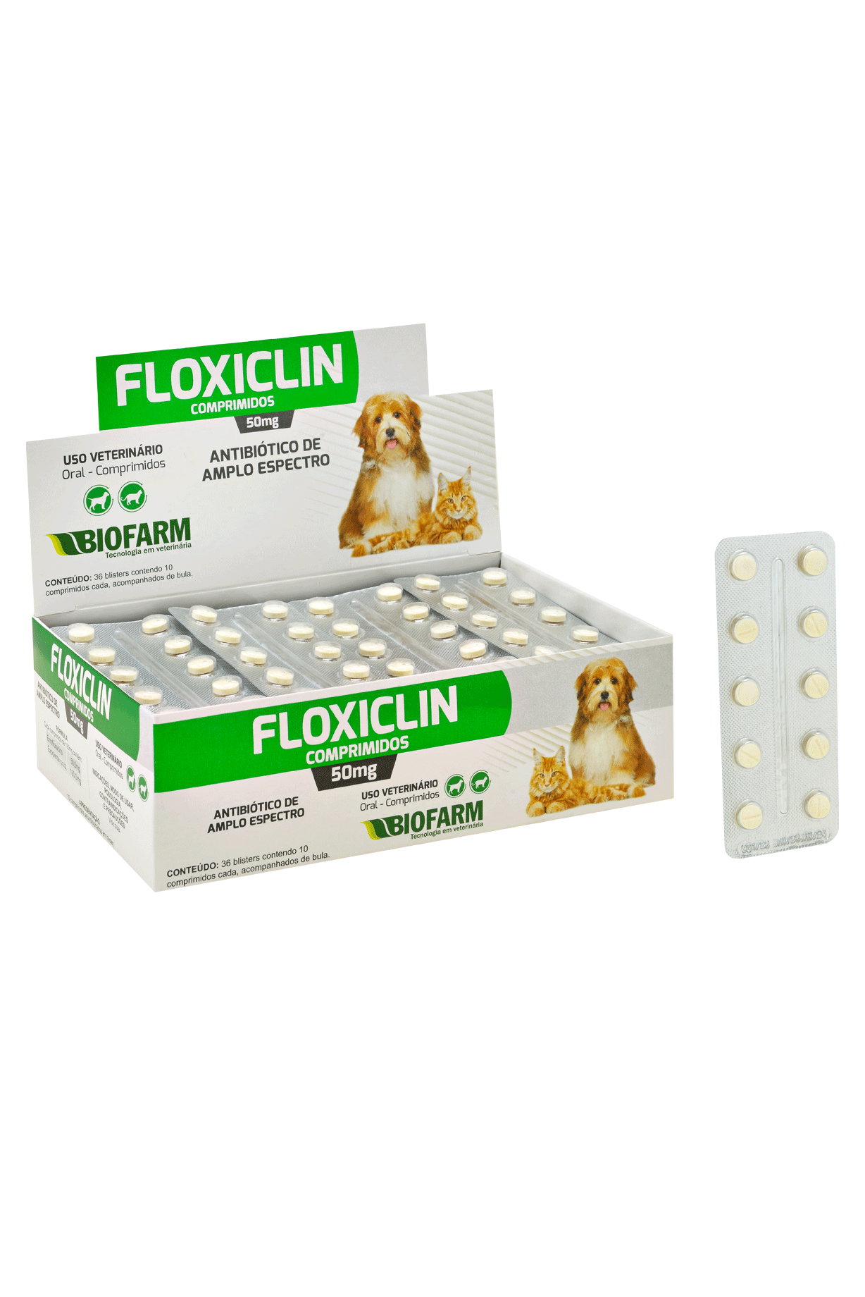 ANTIBIÓTICO DE AMPLO ESPECTRO FLOXICLIN PARA CÃES E GATOS 50MG 10 COMPRIMIDOS HOSPITALAR - BIOFARM