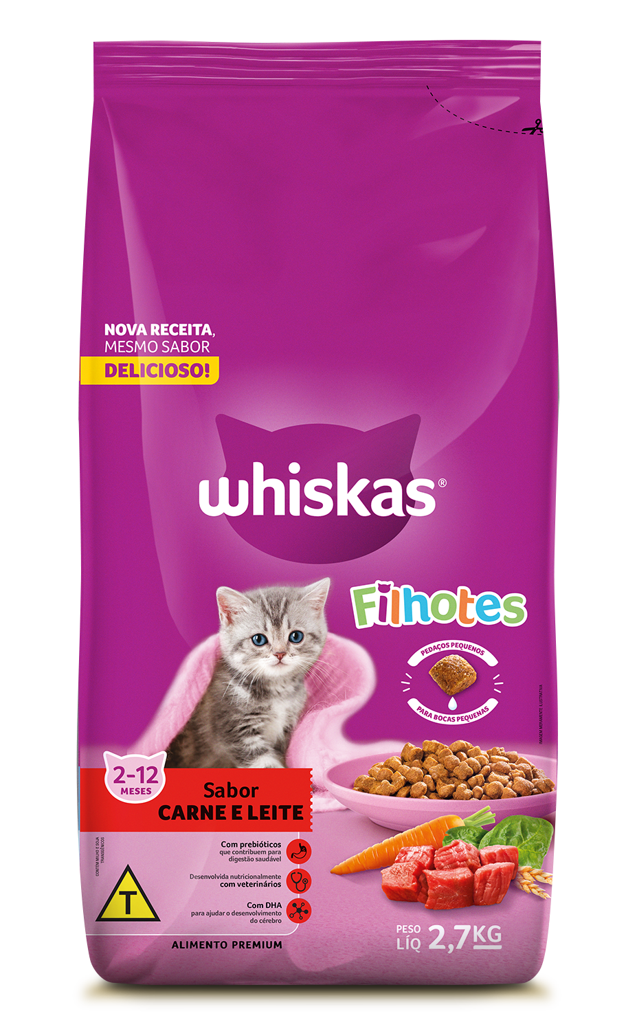 RAÇÃO WHISKAS CARNE E LEITE GATOS FILHOTES 2,7KG