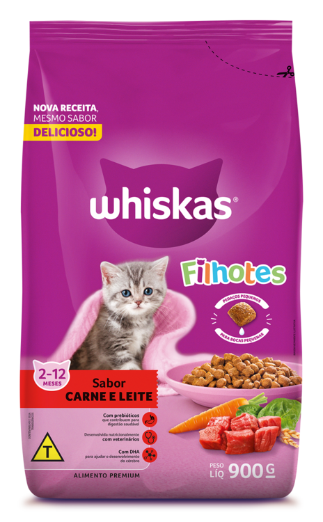 RAÇÃO WHISKAS CARNE E LEITE GATOS FILHOTES 900G