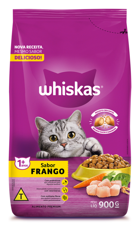 RAÇÃO WHISKAS FRANGO GATOS ADULTOS 900G