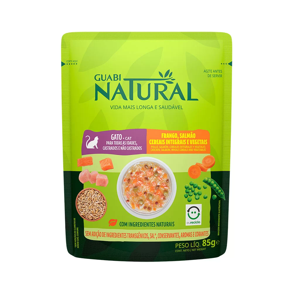 RAÇÃO ÚMIDA GUABI NATURAL SACHÊ GATO CASTRADO SALMÃO E FRANGO 85G