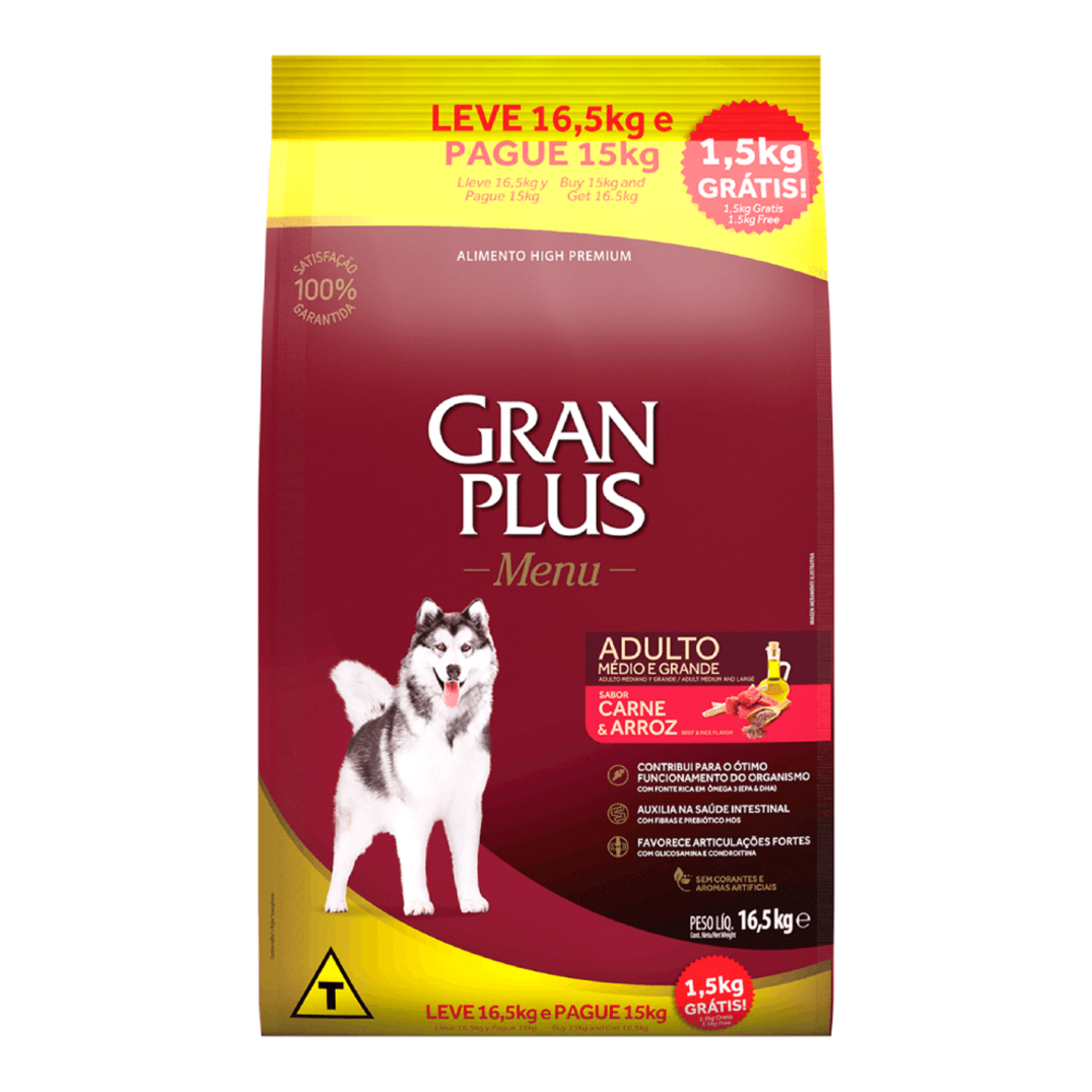 RAÇÃO GRANPLUS MENU CÃO ADULTO MÉDIO E GRANDE CARNE E ARROZ PAGUE 15KG LEVE 16,5KG