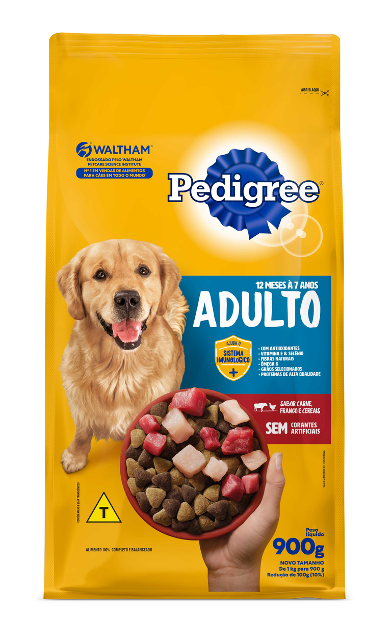 RAÇÃO PEDIGREE CARNE, FRANGO E CEREAIS CÃES ADULTOS RAÇAS MÉDIAS E GRANDES 900G