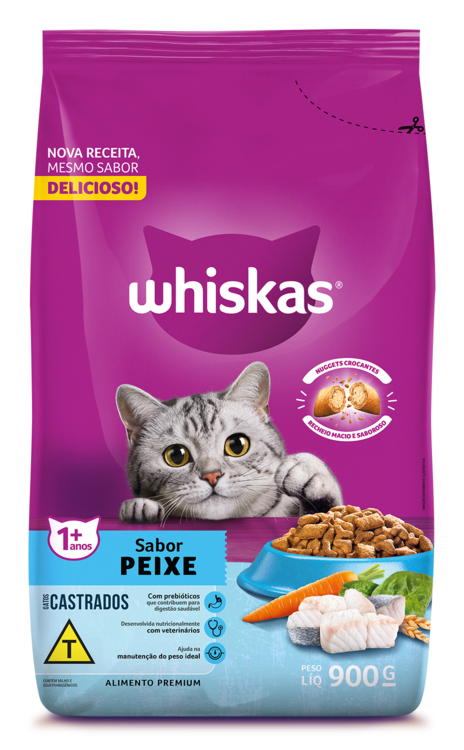 RAÇÃO WHISKAS PEIXE GATOS ADULTOS CASTRADOS 900G