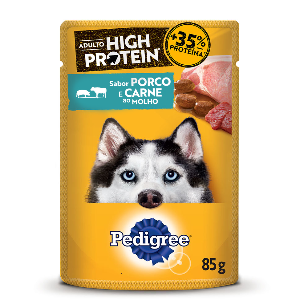 RAÇÃO ÚMIDA PEDIGREE SACHÊ HIGH PROTEIN CÃES ADULTOS PORCO E CARNE AO MOLHO 85G