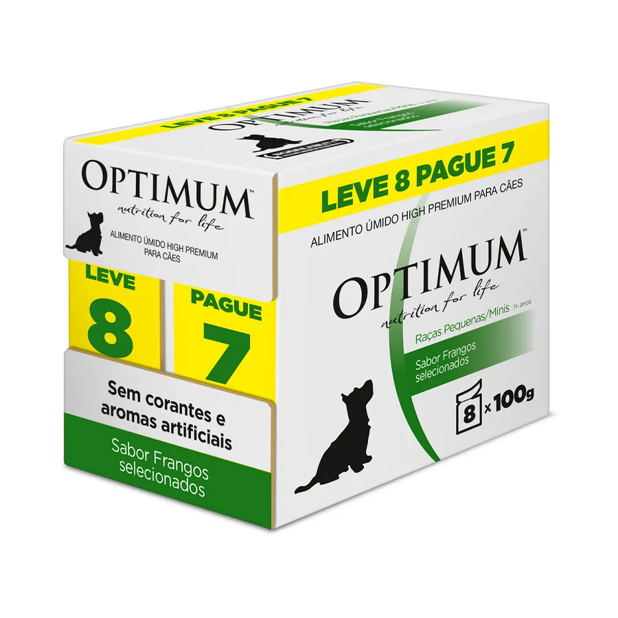 RAÇÃO ÚMIDA OPTIMUM SACHÊ PARA CÃES ADULTOS RAÇAS PEQUENAS E MINIS FRANGO 100G LEVE 8 PAGUE 7