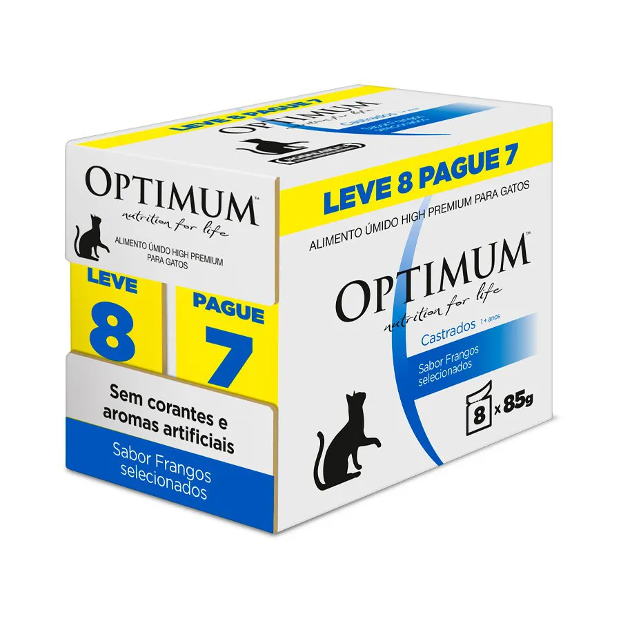 RAÇÃO ÚMIDA OPTIMUM SACHÊ PARA GATOS ADULTOS CASTRADOS FRANGO 85G LEVE 8 PAGUE 7