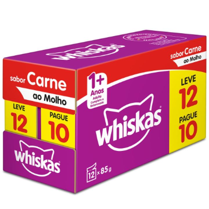 RAÇÃO ÚMIDA WHISKAS SACHÊ CARNE AO MOLHO PARA GATOS ADULTOS 85G LEVE 12 PAGUE 10