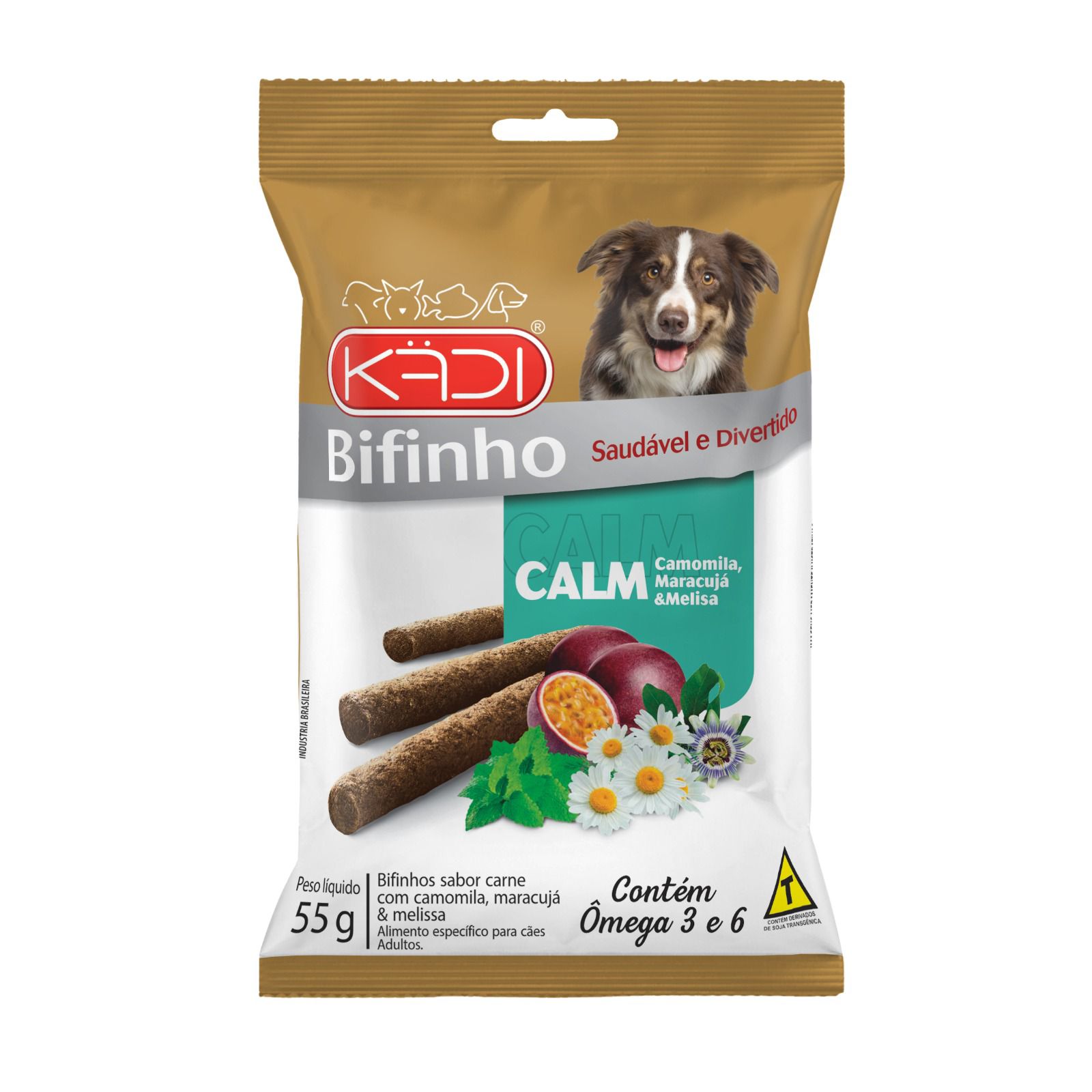 SNACK PARA CÃES BIFINHO KADI CALM SABOR CARNE COM CAMOMILA, MARACUJÁ E MELISSA 55G - KADI