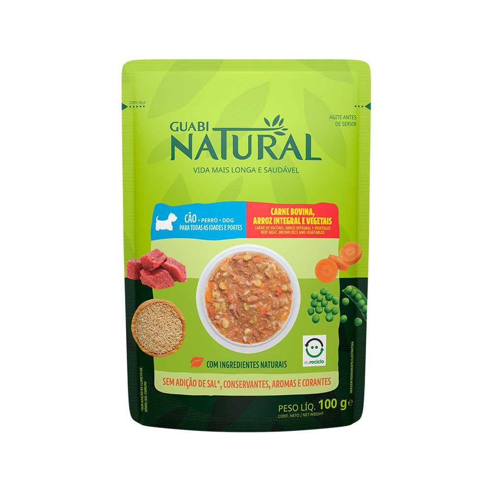 RAÇÃO ÚMIDA GUABI NATURAL SACHÊ CÃO ADULTO CARNE, ARROZ INTEGRAL E VEGETAIS  100g