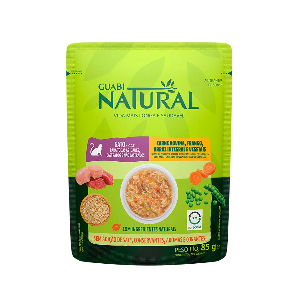 RAÇÃO ÚMIDA GUABI NATURAL GATO CARNE, FRANGO, ARROZ E VEGETAIS 85G