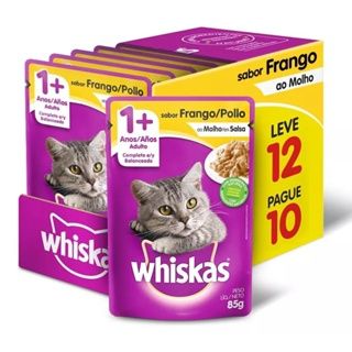 RAÇÃO ÚMIDA WHISKAS SACHÊ FRANGO AO MOLHO PARA GATOS ADULTOS 85G LEVE 12 PAGUE 10