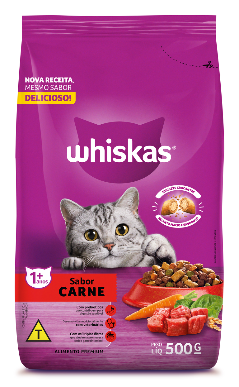 RAÇÃO WHISKAS CARNE GATOS ADULTOS 500G