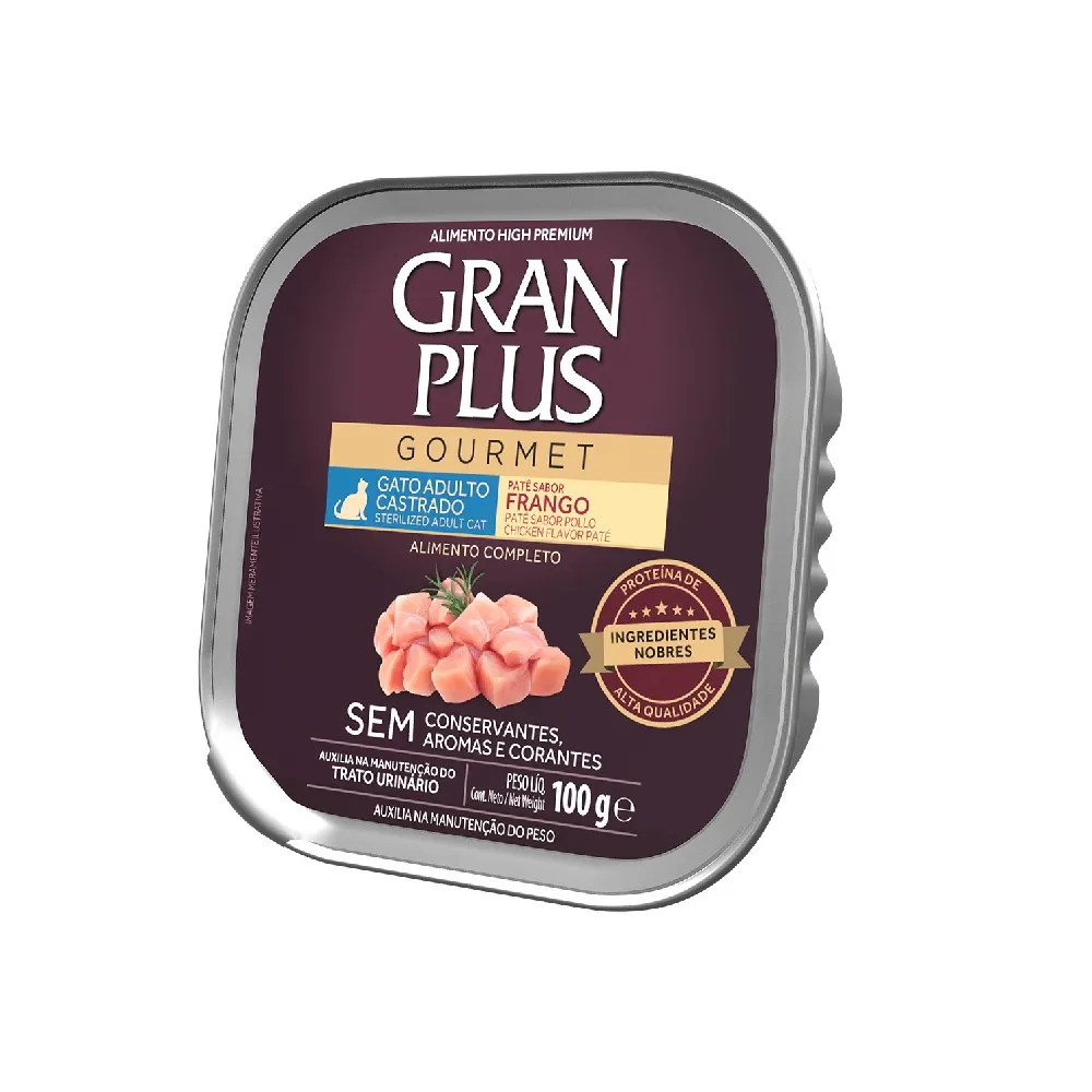 RAÇÃO ÚMIDA PATÊ GRANPLUS GOURMET GATO CASTRADO FRANGO 100G