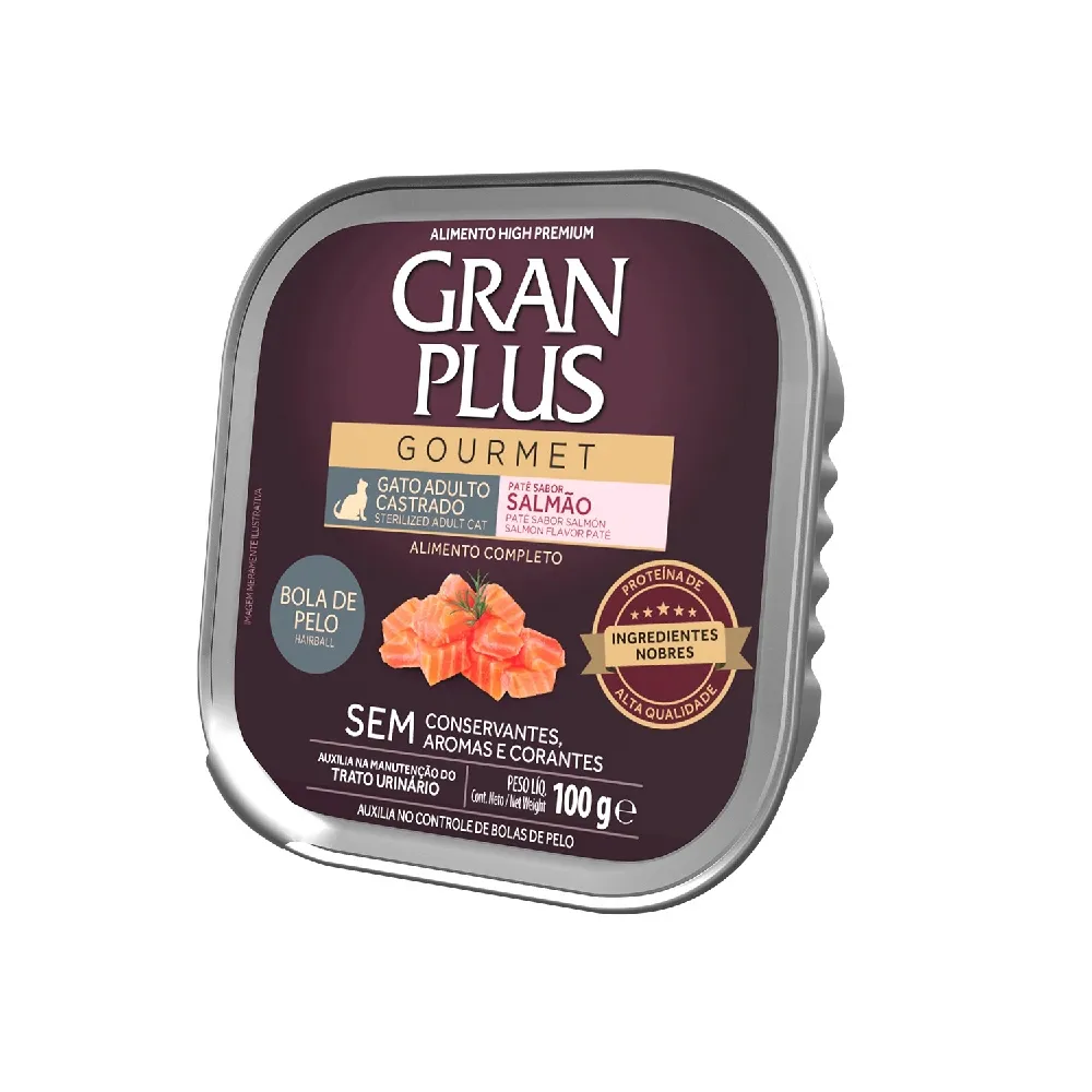 RAÇÃO ÚMIDA PATÊ GRANPLUS GOURMET GATO ANTI BOLA DE PELO SALMÃO 100G