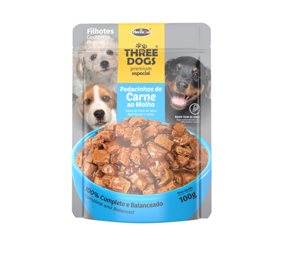 RAÇÃO ÚMIDA SACHÊ THREE DOGS ORIGINAL CÃES FILHOTE PEDACINHOS DE CARNE AO MOLHO 100G