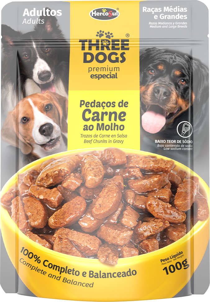 RAÇÃO ÚMIDA SACHÊ THREE DOGS ORIGINAL CÃES ADULTO RAÇAS MÉDIAS E GRANDES PEDAÇOS DE CARNE AO MOLHO 100G