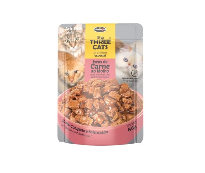 RAÇÃO ÚMIDA SACHÊ THREE CATS ORIGINAL GATOS ADULTO ISCAS DE CARNE AO MOLHO 85G