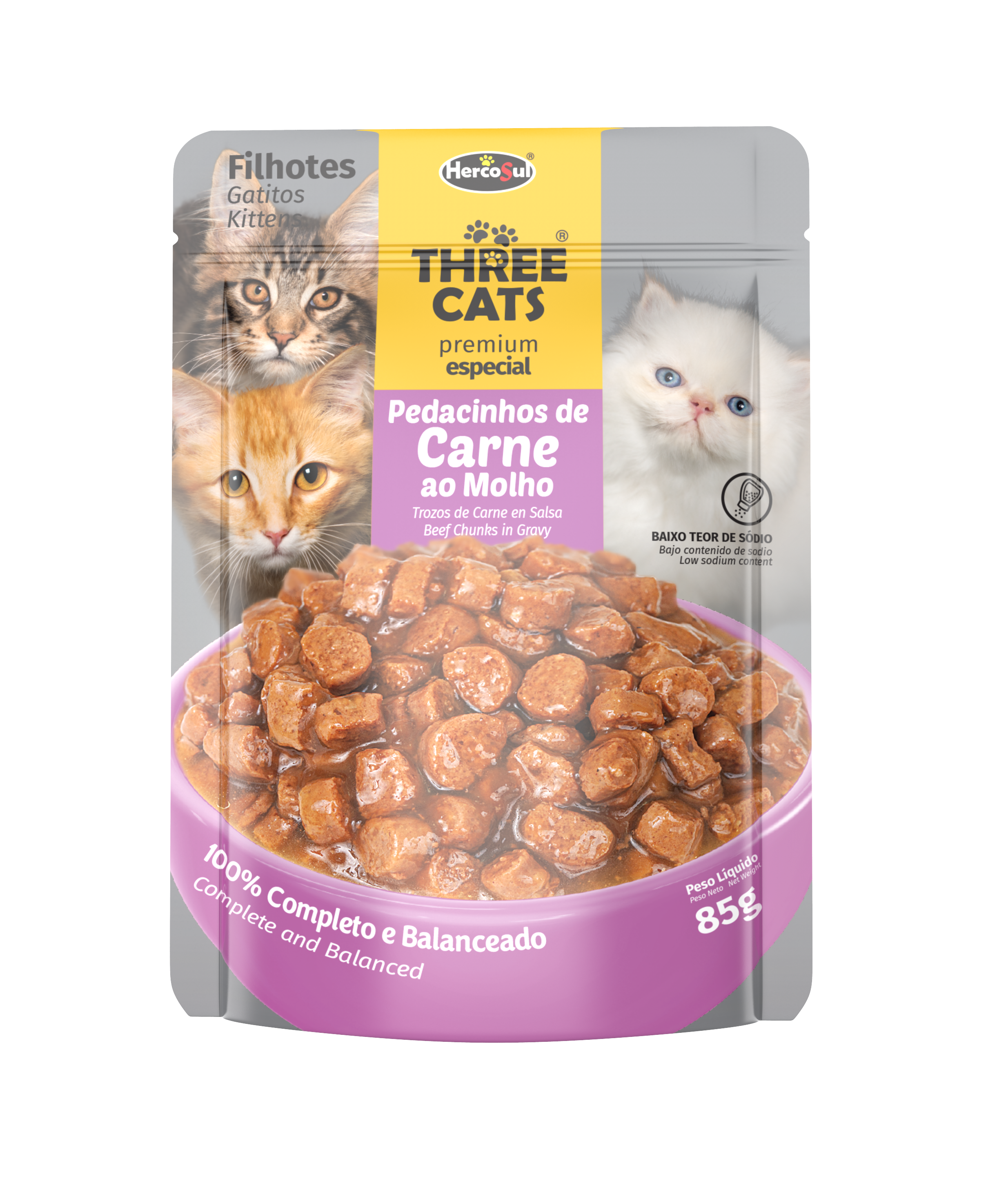 RAÇÃO ÚMIDA SACHÊ THREE CATS ORIGINAL GATOS FILHOTE PEDACINHOS DE CARNE AO MOLHO 85G