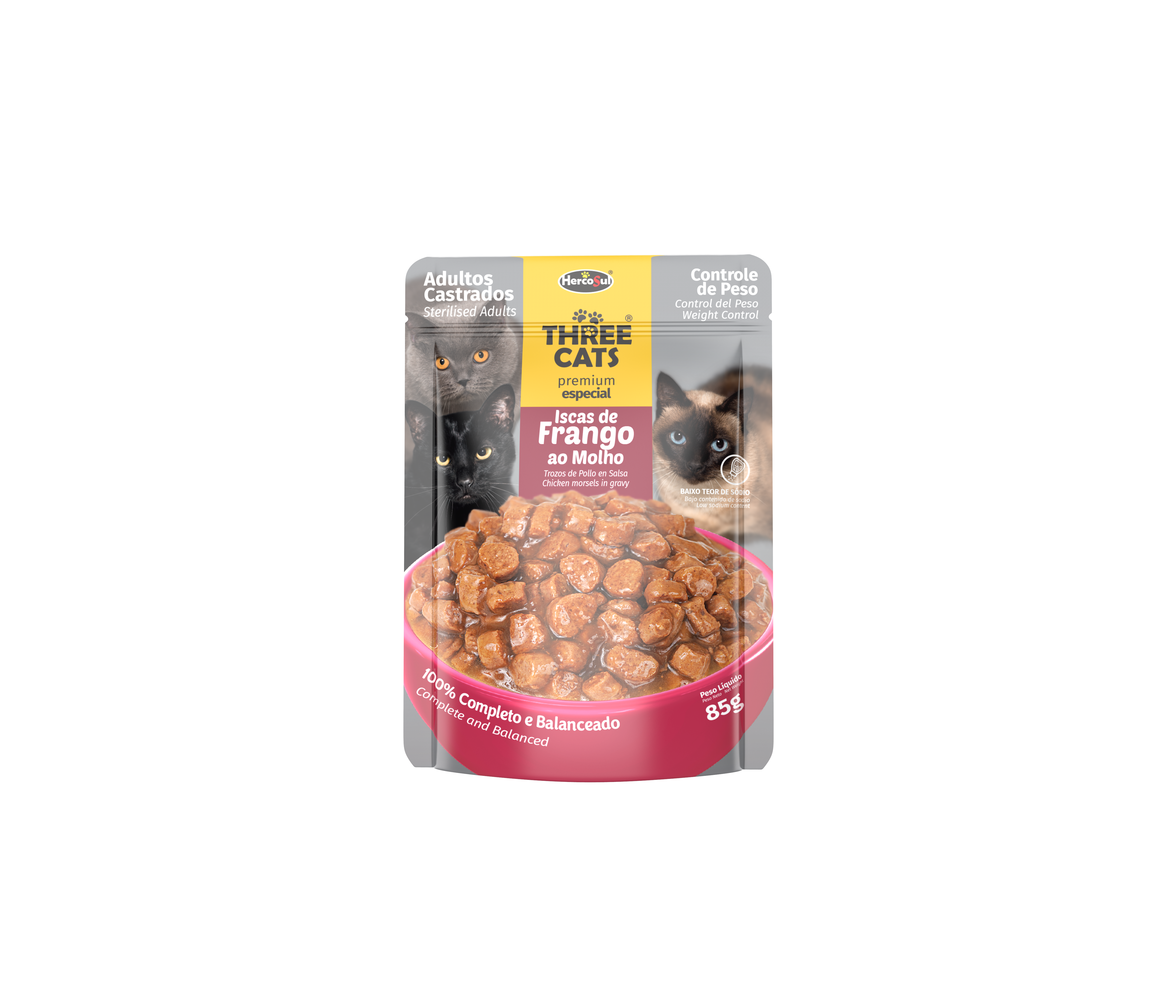 RAÇÃO ÚMIDA SACHÊ THREE CATS ORIGINAL GATOS ADULTO CASTRADO ISCAS DE FRANGO AO MOLHO 85G