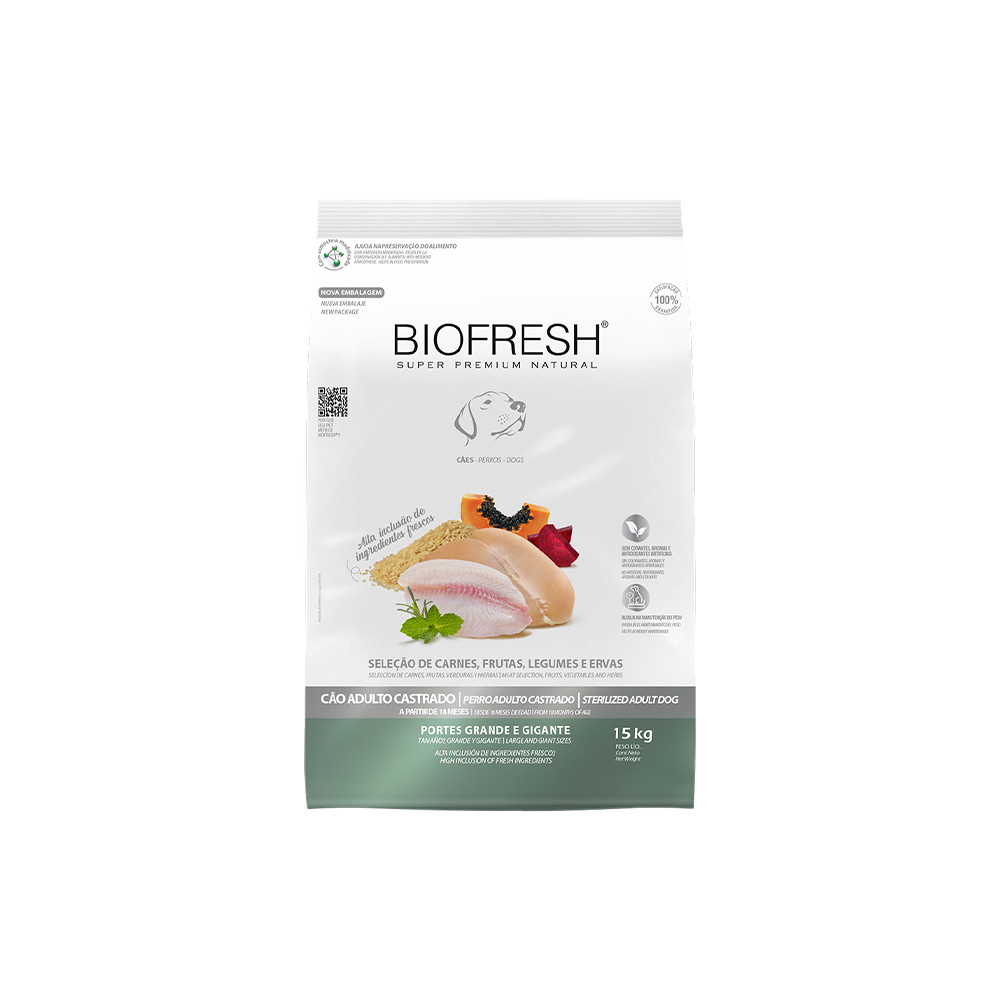 RAÇÃO BIOFRESH SUPER PREMIUM CÃES CASTRADOS RAÇAS GRANDES E GIGANTES 15KG
