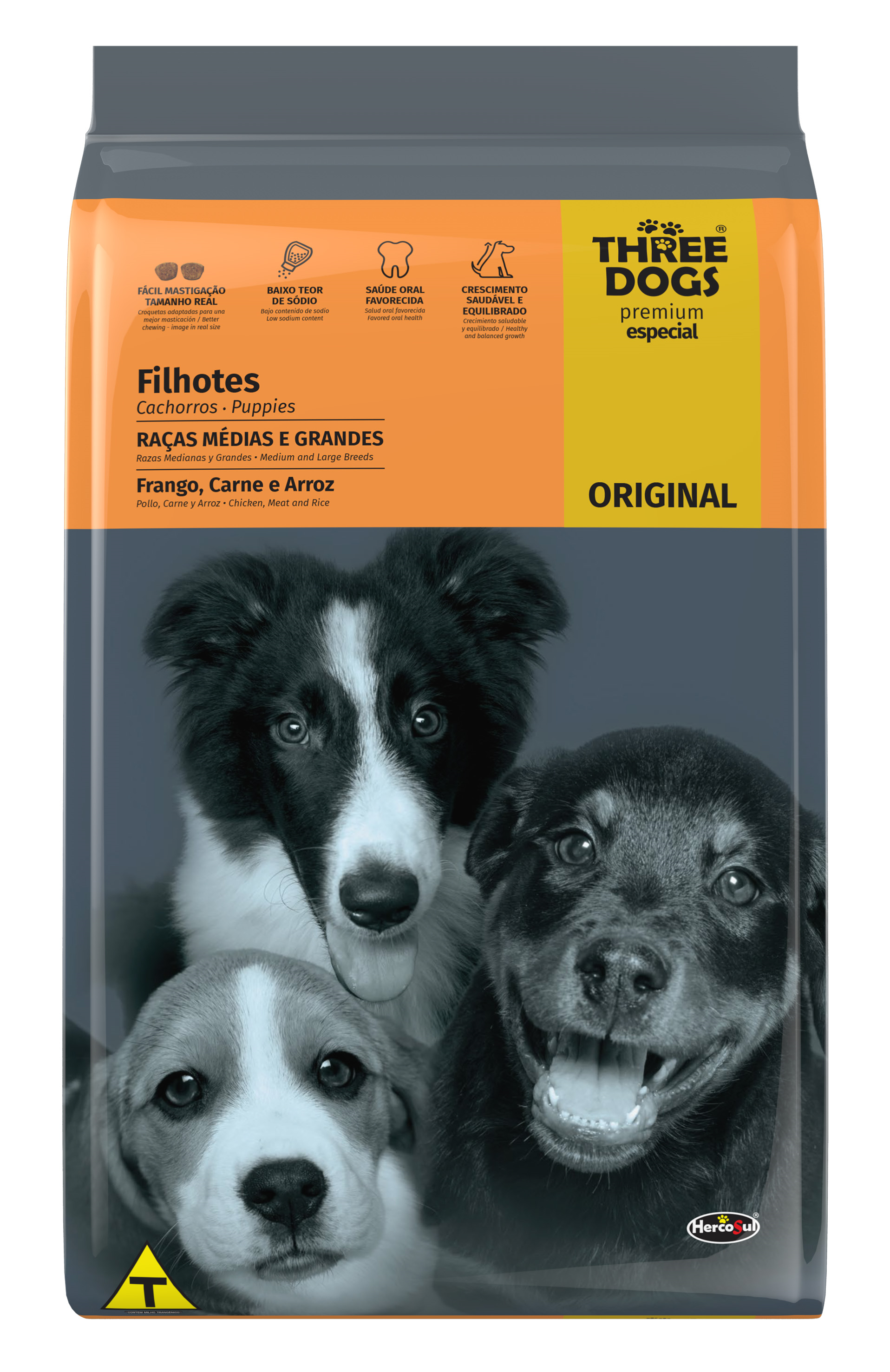 RAÇÃO THREE DOGS ORIGINAL FRANGO, CARNE E ARROZ CÃES FILHOTES 15KG